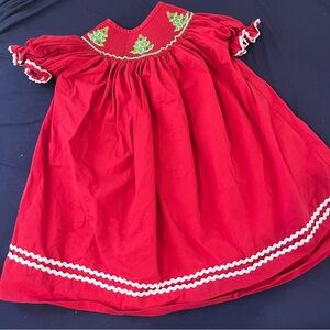 Pleats And Stitches Baby Girl Red Smocked Bishop Dress Christmas Trees 18m